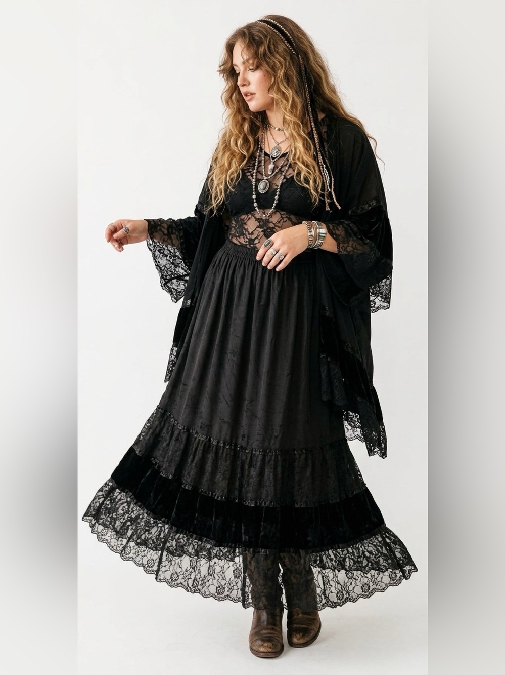 Vintage Black Patchwork Lace Velvet Floral Maxi Skirt - L